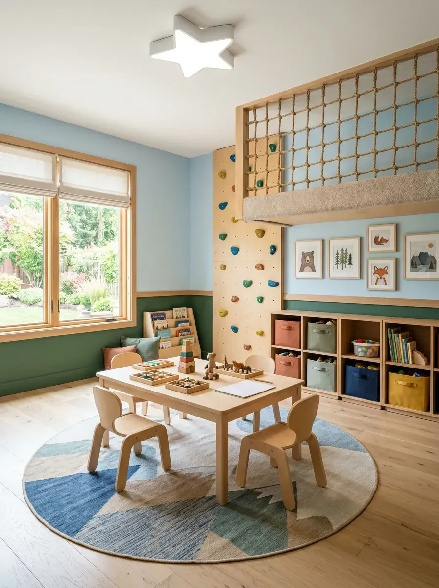 Two-tone Montessori playroom with deep forest green wainscoting under sky blue upper walls, custom plywood climbing wall integrated into the architecture, elevated loft with safety netting, low birch wood activity table and chairs, circular mountain motif rug