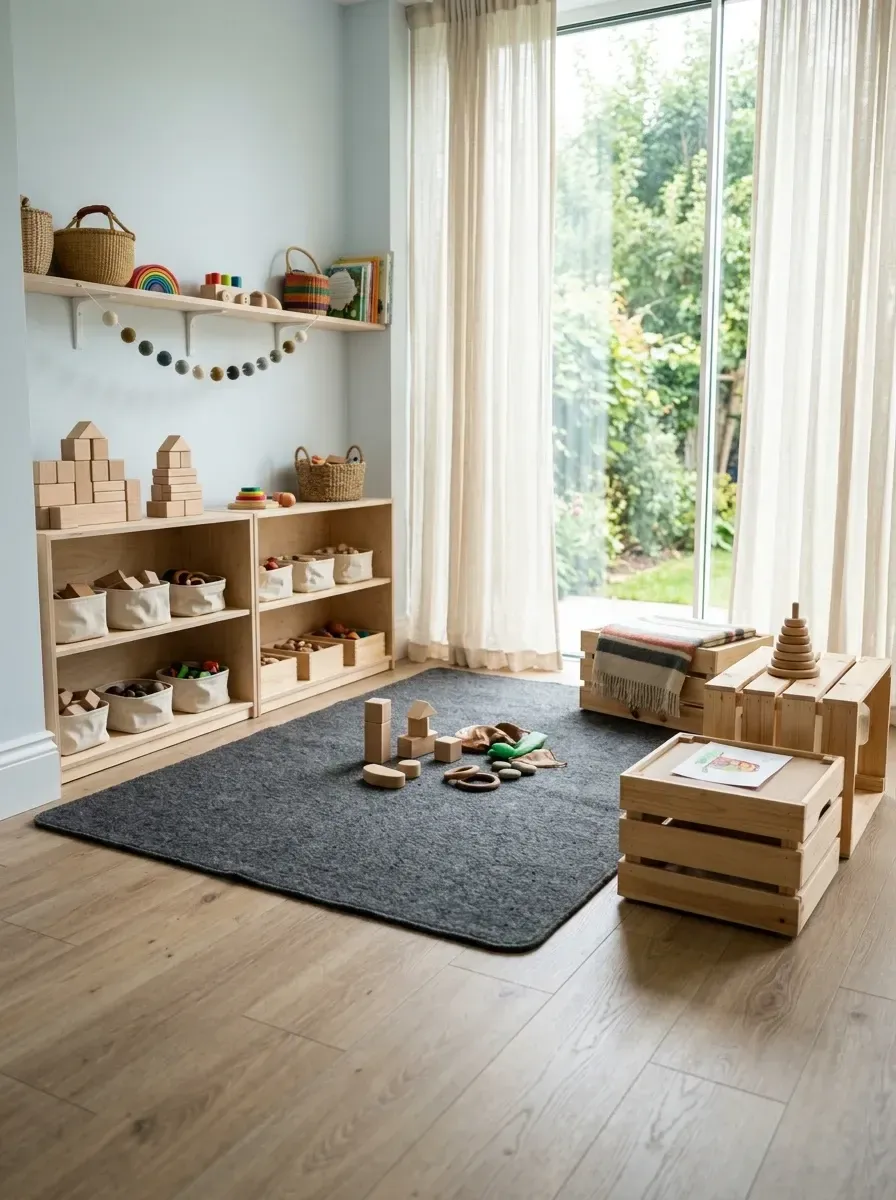Hyper-minimalist Montessori block play area with large thick charcoal grey dense felt area rug, simple wooden crates used for storage and seating, low open wooden shelving units, floor-to-ceiling sheer off-white curtains, extensive collection of natural unfinished wooden building blocks