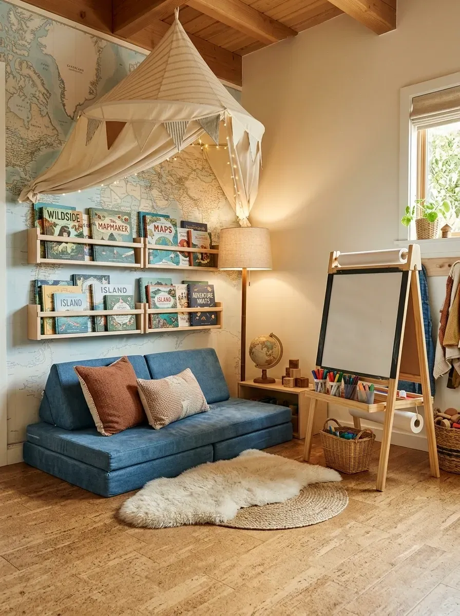 Adventure-themed reading nook with full-wall world map mural in muted aqua, denim blue fold-out foam play couch, fabric canopy with fairy lights, front-facing wall bookshelves, natural cork plank flooring, art easel