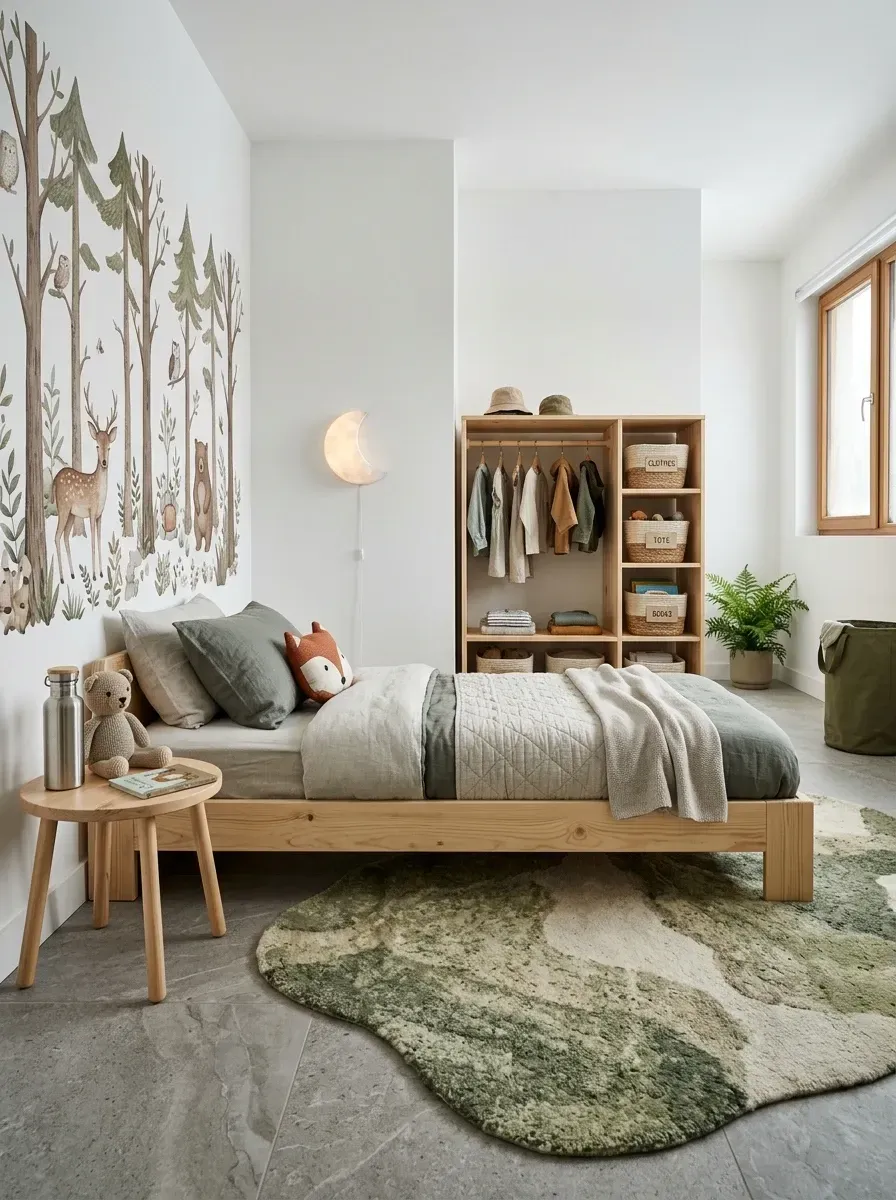 Minimalist toddler woodland bedroom with large-scale removable wall decals of trees and forest animals, low solid pine bed frame, irregularly shaped moss-textured rug, open wooden wardrobe, large format concrete-look porcelain tile flooring