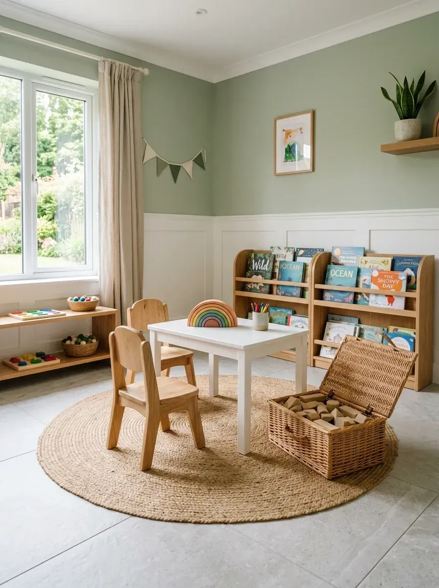 Sage green Montessori playroom with white wainscoting paneling on lower walls, large round natural jute rug, low solid wood Montessori bookcases, child-sized white activity table with solid wood chairs, wicker basket storage