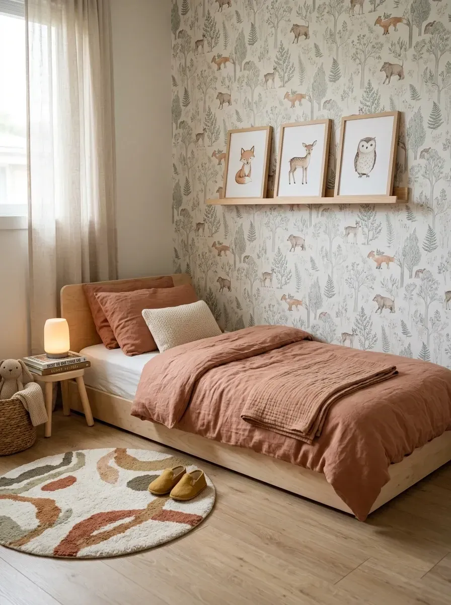 Toddler bedroom with vintage-style illustrated forest wallpaper, terracotta rust linen duvet bedding, low wood platform bed without headboard, wooden art ledge with framed prints, abstract pattern area rug