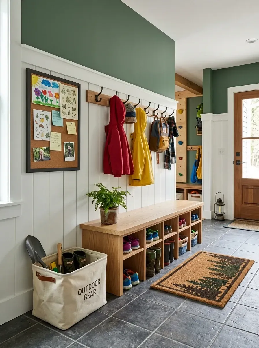 Family entryway mudroom with charcoal slate tile flooring, built-in medium oak wood bench with shoe cubbies underneath, deep forest green walls above white shiplap wainscoting with peg rail at child height, large coir tree-design doormat