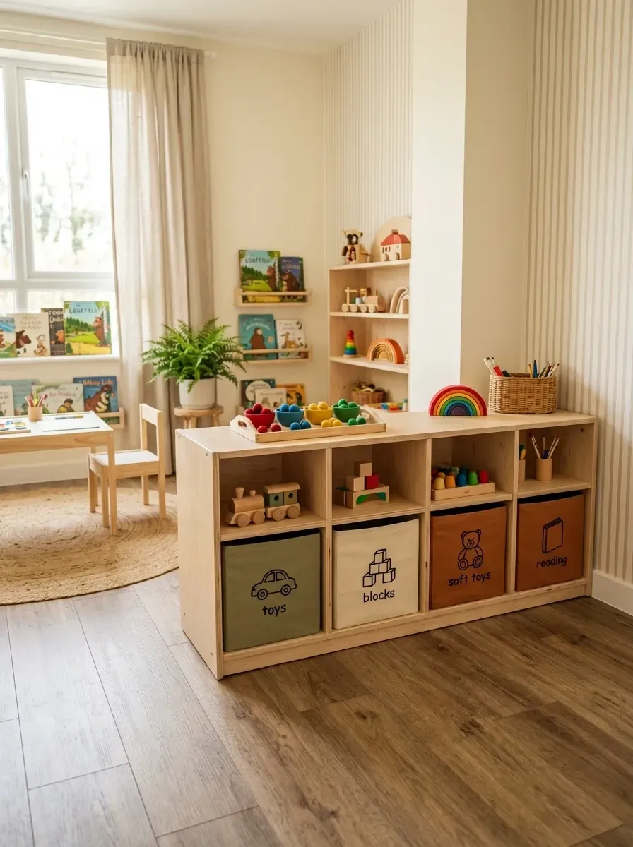 Organized Montessori activity zone with long low birch plywood cubby shelving unit, fabric storage bins with picture labels, subtle striped wallpaper accent wall, separate small wooden table and chair set, luxury vinyl plank LVP flooring