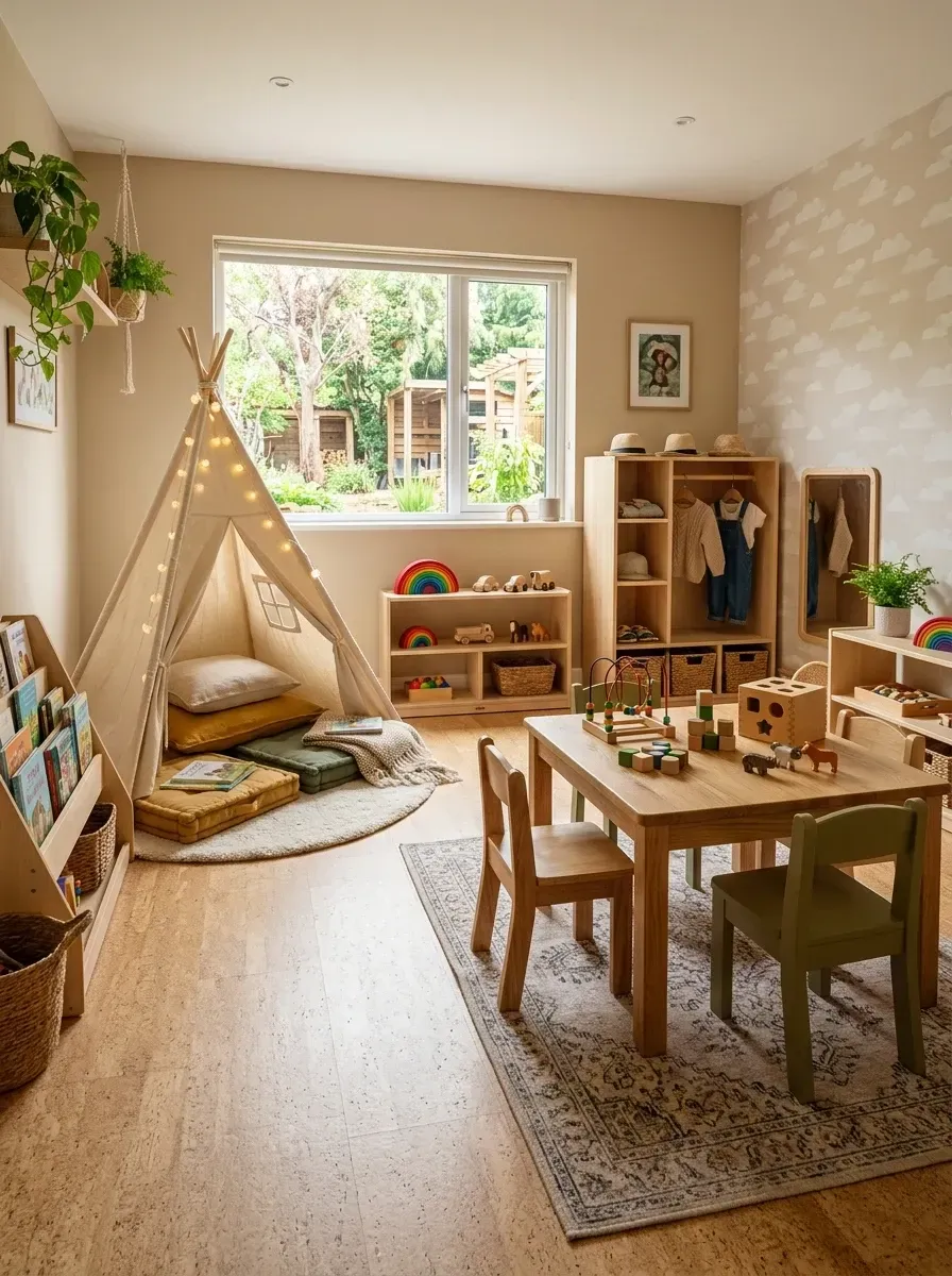 Cozy Montessori play corner with canvas teepee and fairy lights and cushions, subtle cloud pattern wallpaper, natural granular cork plank flooring, vintage-style patterned area rug, solid wood activity table with painted chairs, open wooden wardrobe and shelving