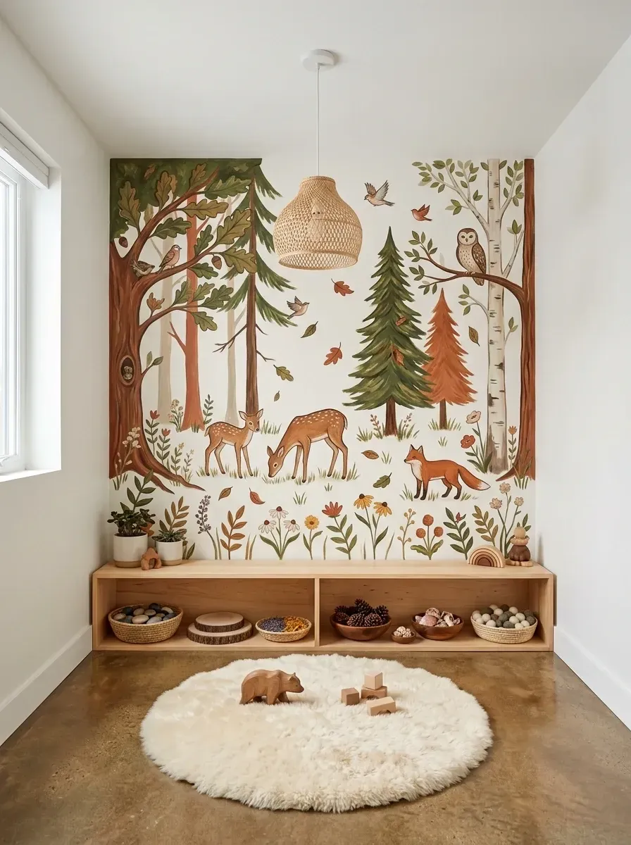 Architectural Montessori playroom with full-wall hand-painted forest animal mural in moss green and warm brown, polished concrete flooring, long custom floating maple wood bench seat-and-shelf, large real sheepskin rug, woven pendant light