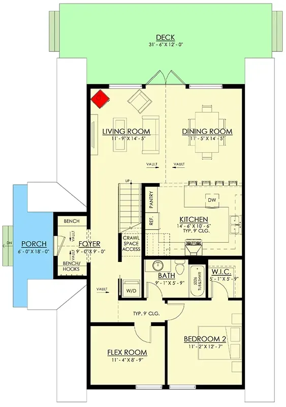 Main floor plan of A-frame cabin 270129AF showing foyer with bench, vaulted living and dining, kitchen with pantry, bedroom 2, flex room, shared full bath, and rear deck access