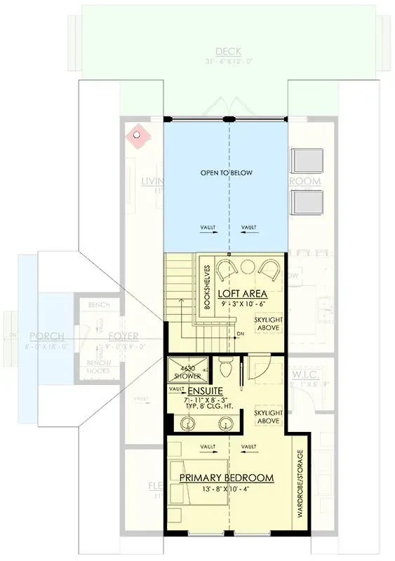 Second floor plan of A-frame cabin showing primary bedroom with ensuite, dual vanities, wardrobe wall, and a bookshelf-lined loft overlooking the living room below