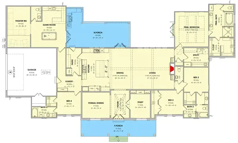 Main floor plan of modern farmhouse 185028PHD: side-entry garage with theater and game room behind it, rear entry and pantry, kitchen with 8-foot island, vaulted living and dining, study and formal dining off the foyer, primary suite with utility, bedrooms 2 and 3 with a Jack and Jill bath, bedroom 4 with bath 3, front and rear porches