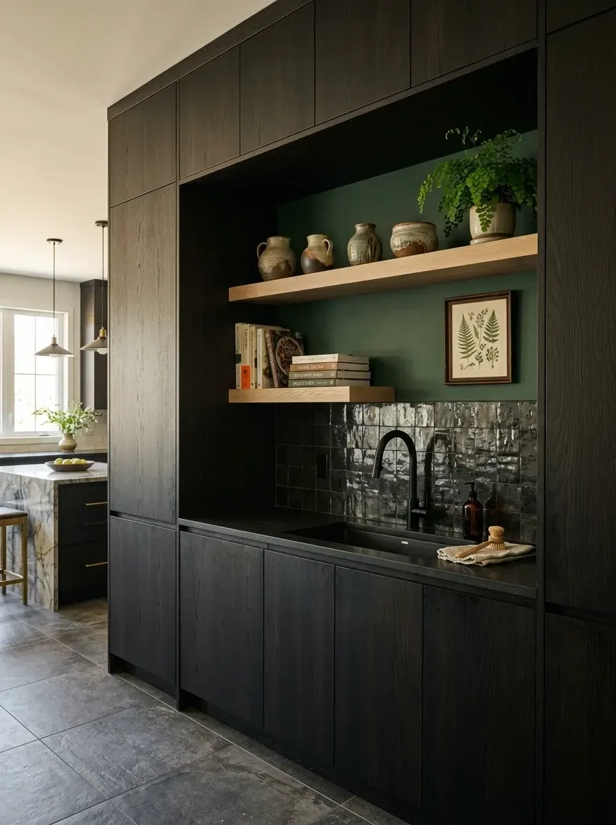Moody coffee niche with dark walnut flat-panel cabinetry, glossy forest-green zellige tile backsplash and a thick white oak floating shelf in a Hudson Valley kitchen