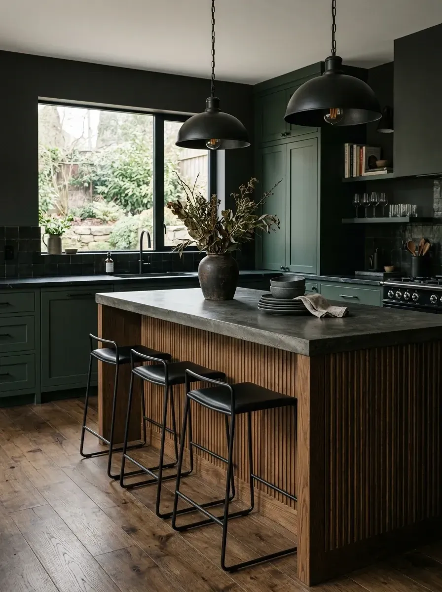 Hudson Valley kitchen with hunter green shaker cabinets, fluted walnut island and a thick concrete countertop under oversized matte black pendants
