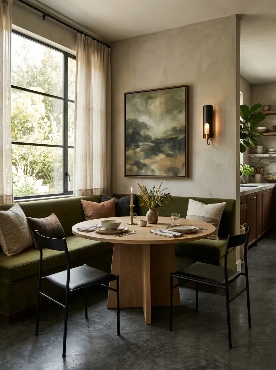 Built-in olive velvet banquette in a Hudson Valley breakfast nook with polished concrete floors, lime plaster walls and a round white oak pedestal table