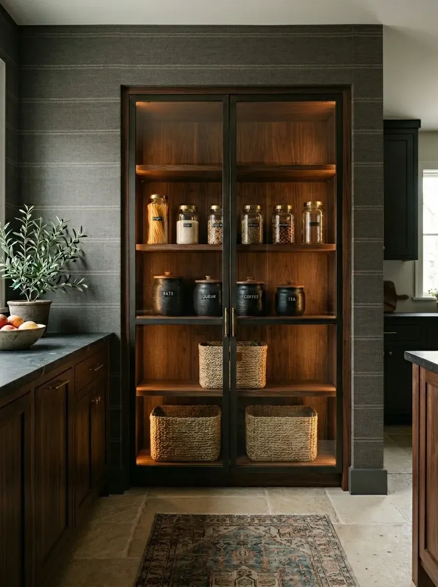 Floor-to-ceiling walnut and glass pantry cabinet with integrated warm LED lighting, set against a charcoal textured wallpaper accent wall