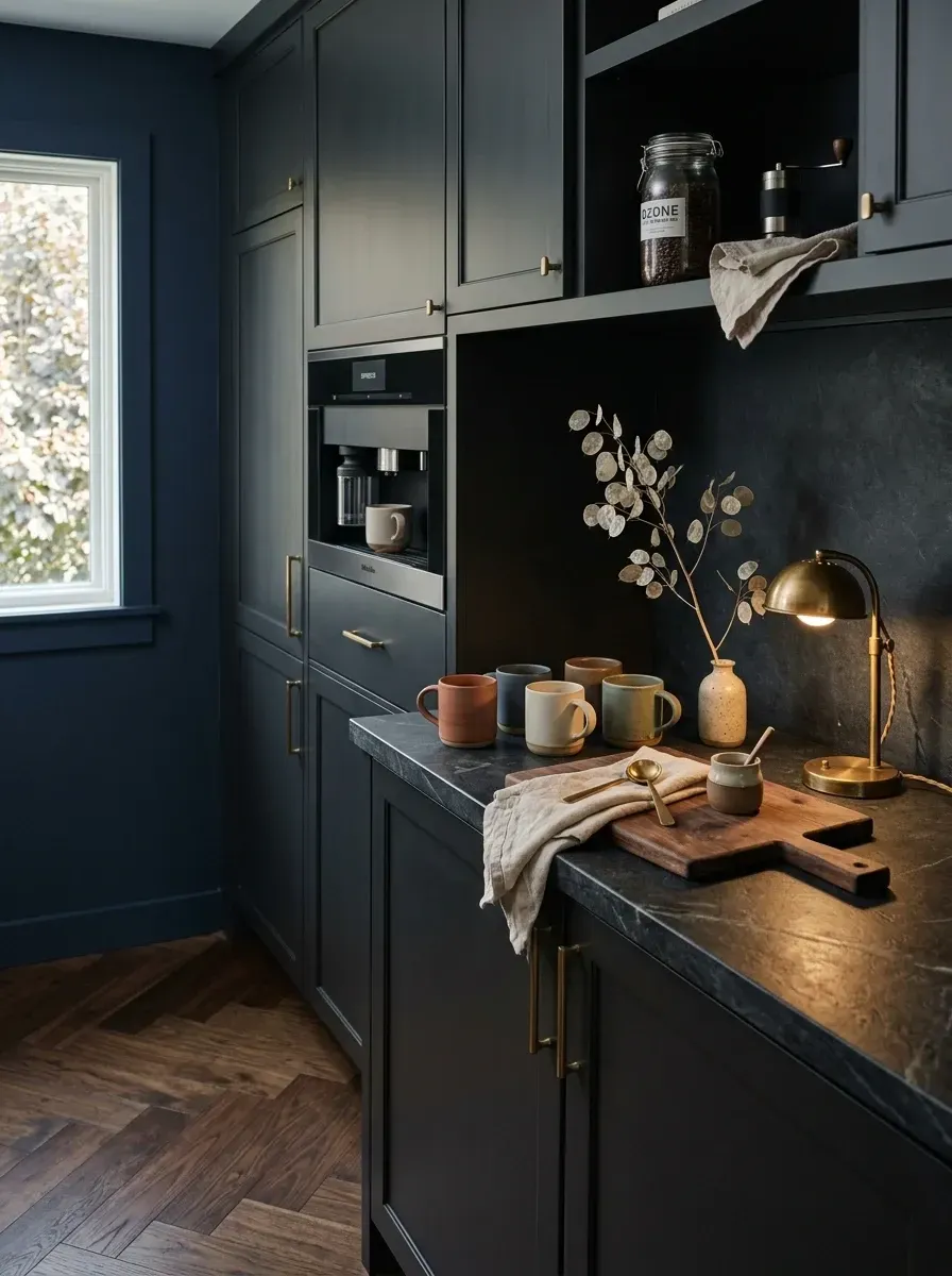 Midnight blue coffee bar with honed soapstone countertop, vintage brass desk lamp and unlacquered brass cabinet pulls