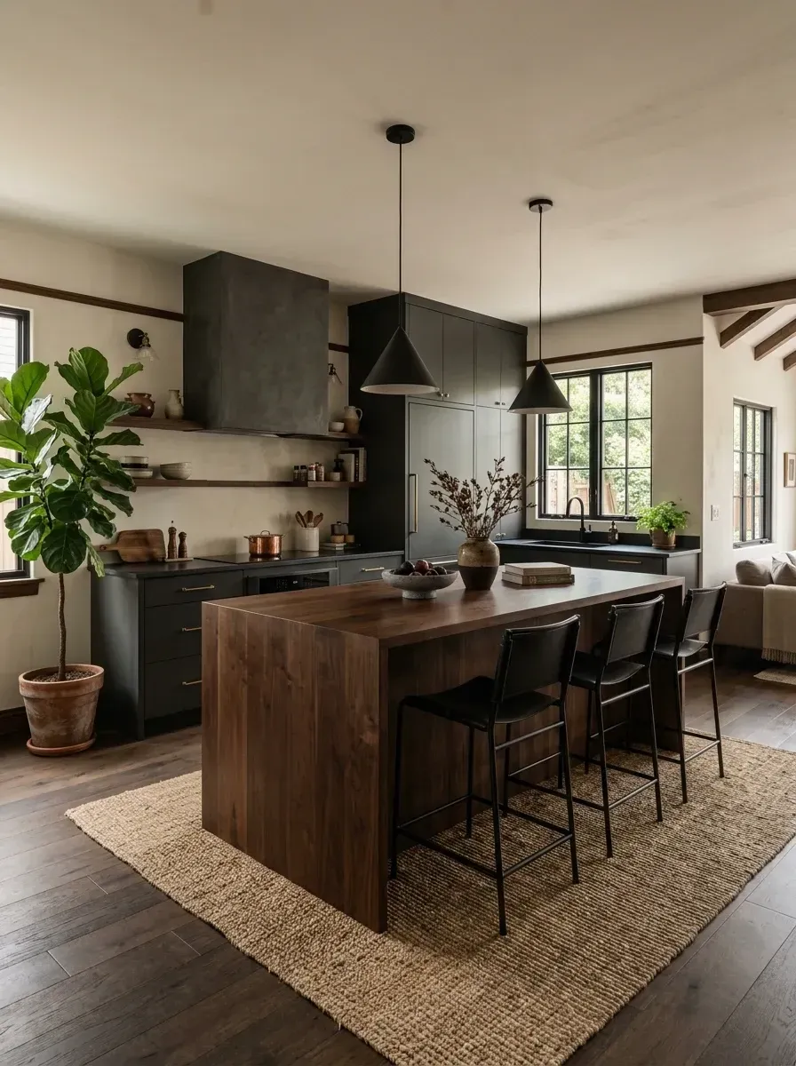 Large walnut waterfall island with continuous grain match, set against matte charcoal back cabinetry and a custom plaster range hood
