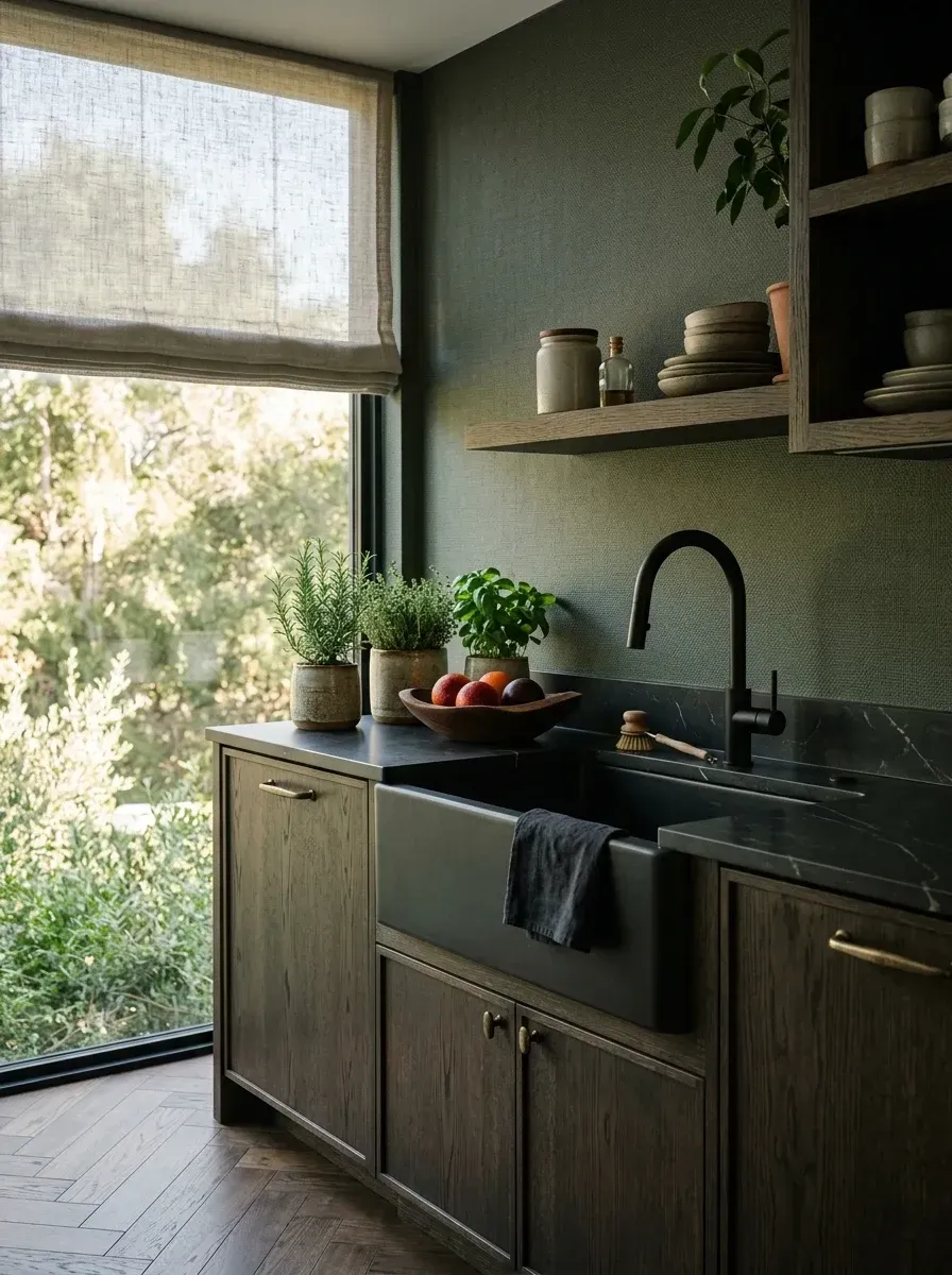 Smoked oak sink cabinet with matte black farmhouse sink, textured forest-green wallpaper and an open white oak shelf with potted herbs