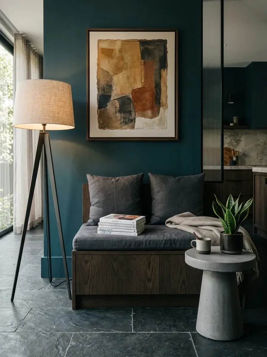 Built-in dark walnut reading bench against a deep teal accent wall with a sculptural concrete side table and tripod floor lamp