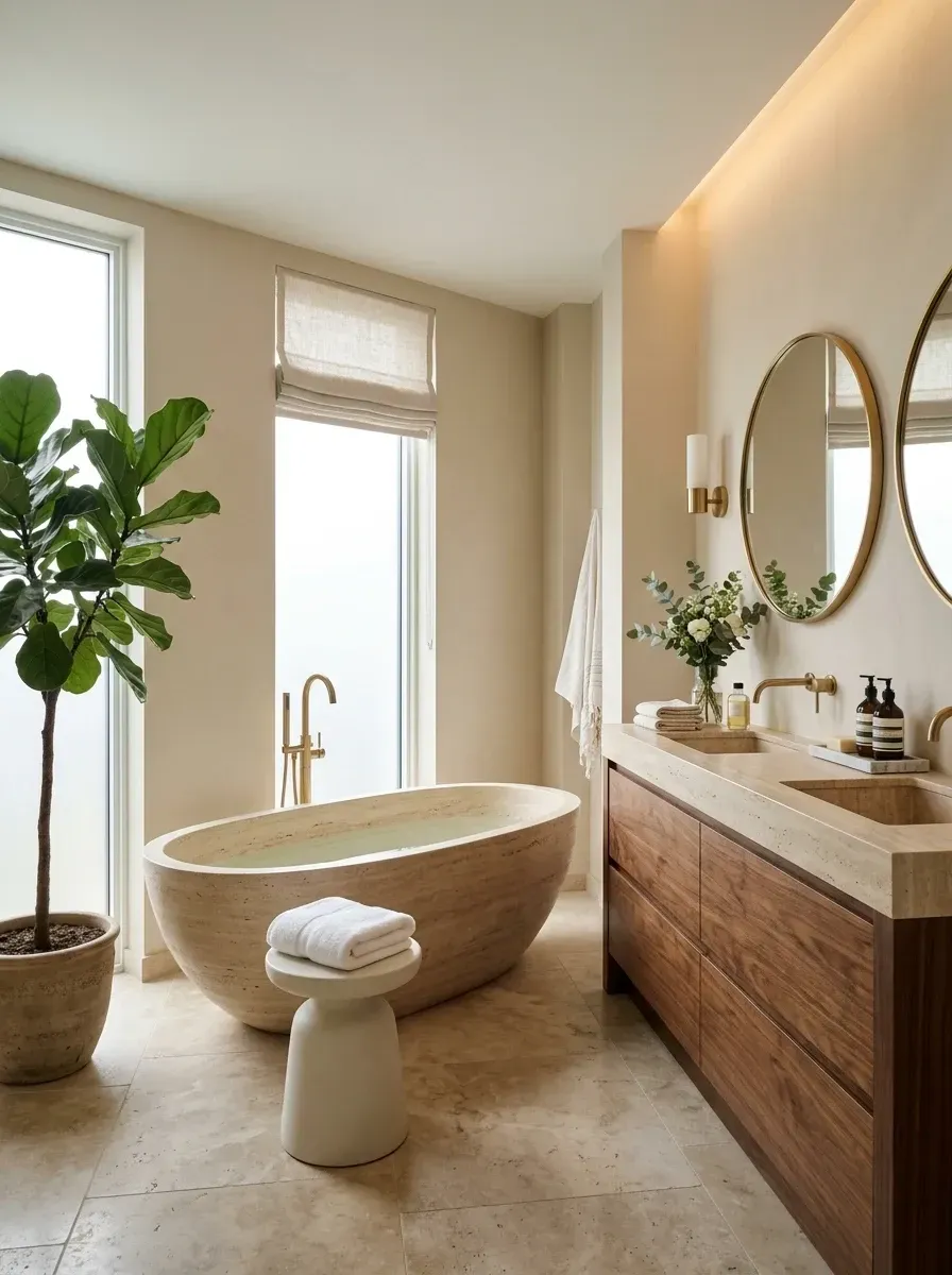 A wabi-sabi bathroom centered on a carved travertine freestanding tub with floating walnut vanity, brushed brass tub filler, and a large fiddle leaf fig against textured cream walls