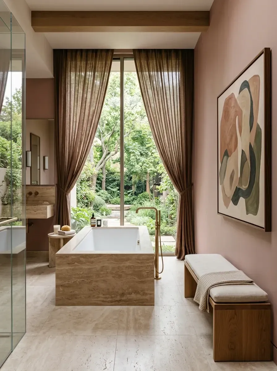 A spa-like bathroom with travertine-clad built-in tub, floor-to-ceiling window, sheer cocoa brown curtains, dusty rose terracotta walls, teak bench, and large framed art