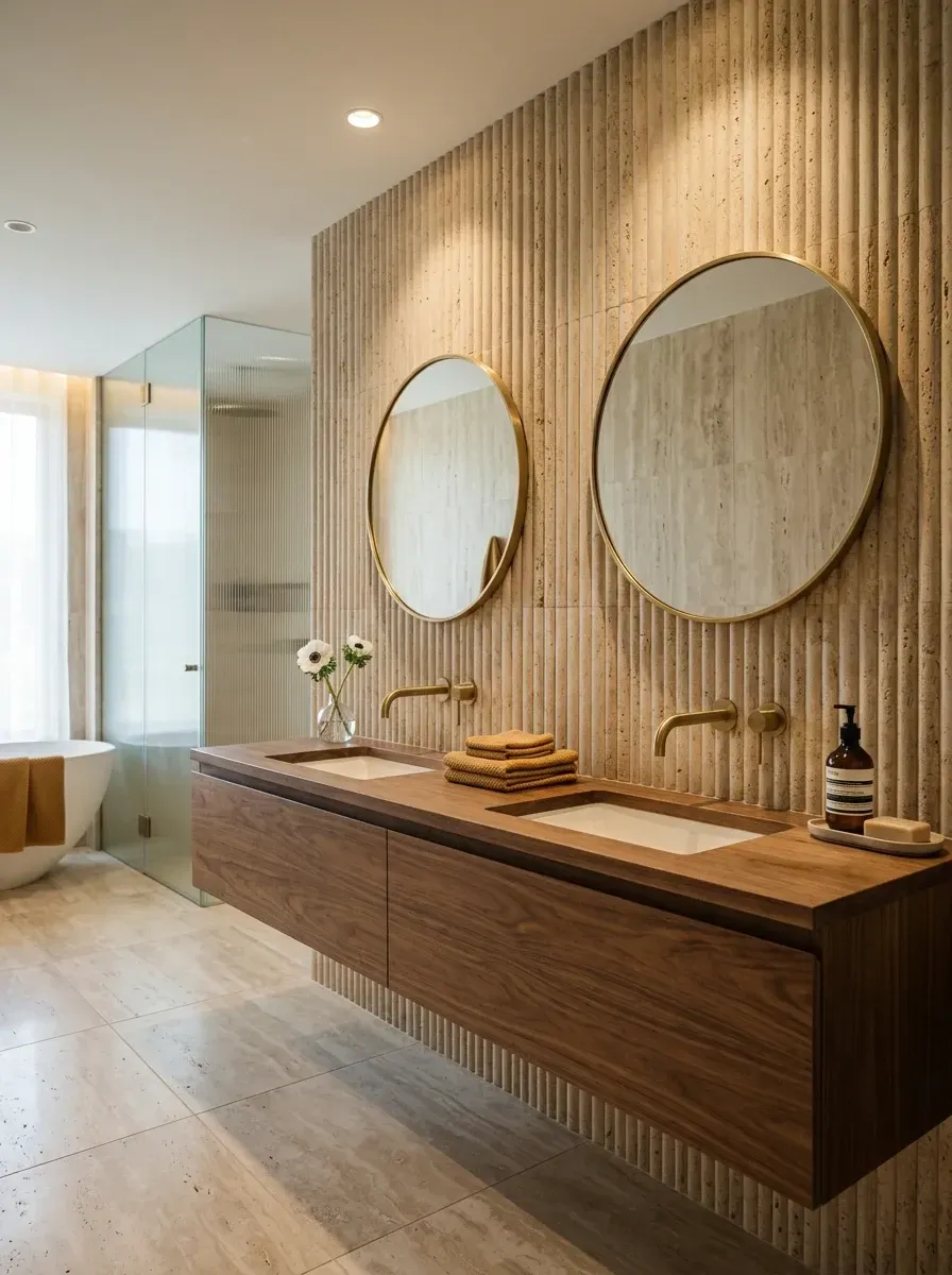 A sophisticated bathroom with a fluted travertine feature wall, long floating walnut double vanity, dual round gold-framed mirrors, brass wall-mount faucets, and travertine floor tiles