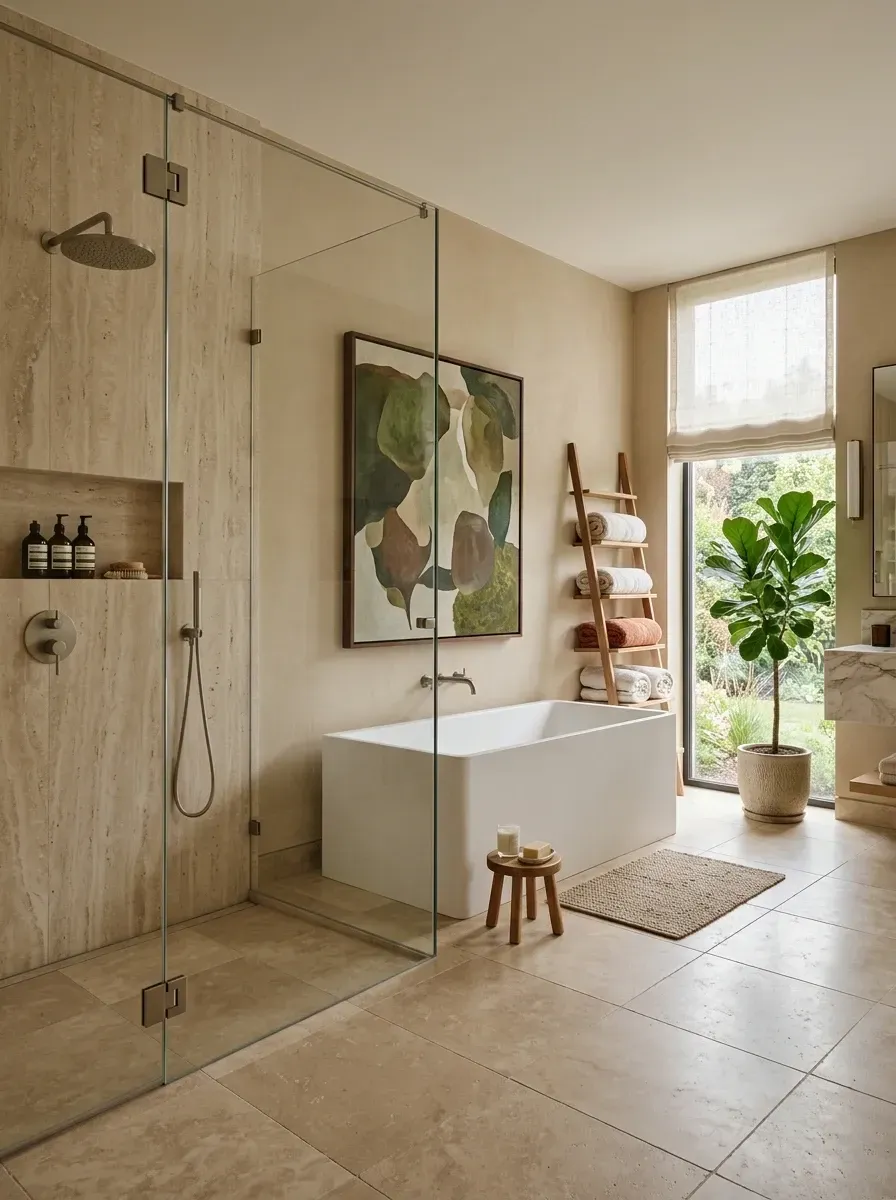 An airy bathroom with a large travertine-tiled walk-in shower, modern freestanding white bathtub, large window with Roman shade, wooden ladder towel rack, and large fiddle leaf fig