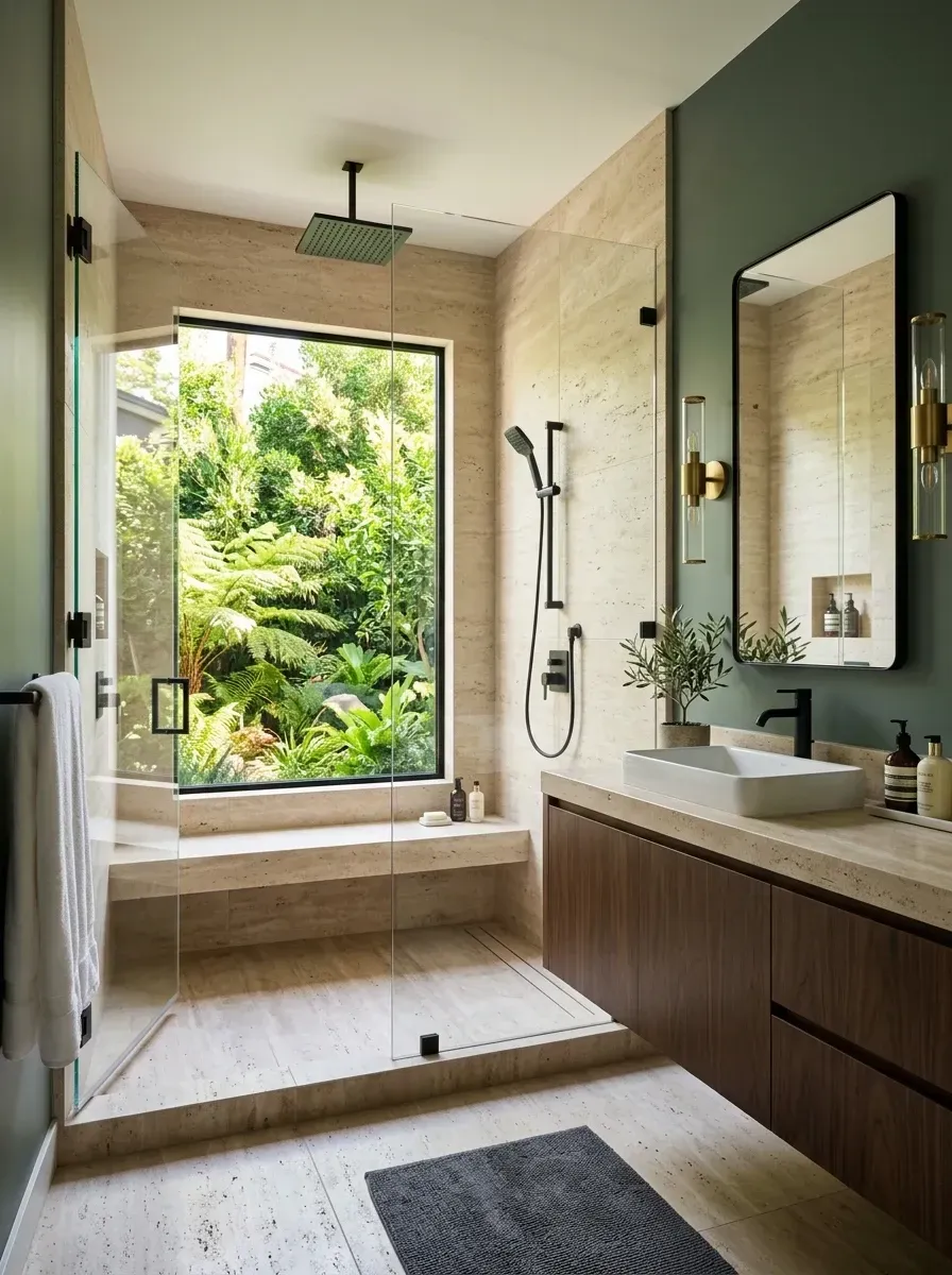 A travertine-clad walk-in shower with a large picture window framing a tropical garden, floating dark wood vanity, matte black fixtures, and a forest green accent wall