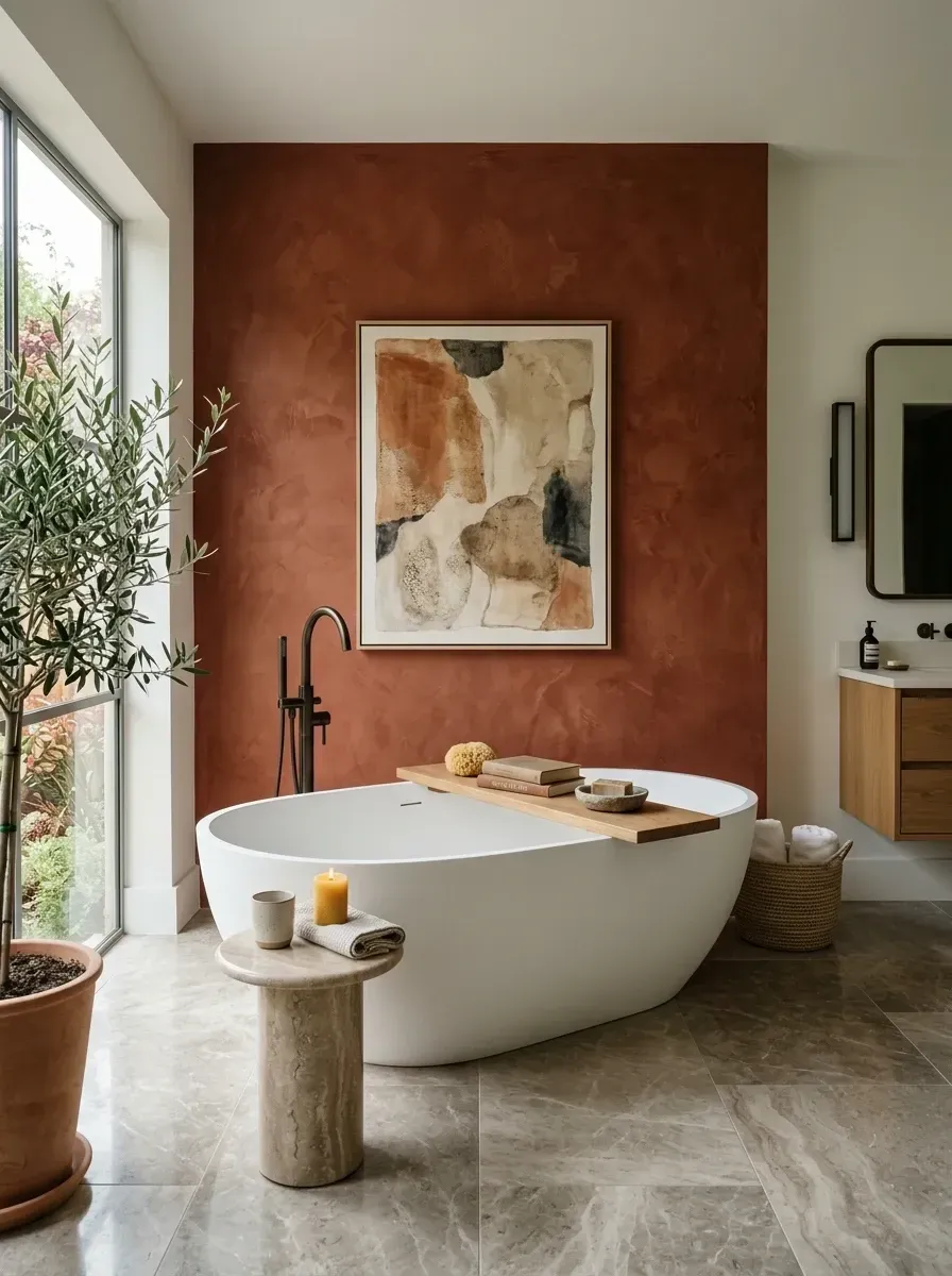 A bathroom with rich terracotta limewash accent wall, freestanding white tub, oil-rubbed bronze floor-mount filler, travertine side table, and a potted olive tree