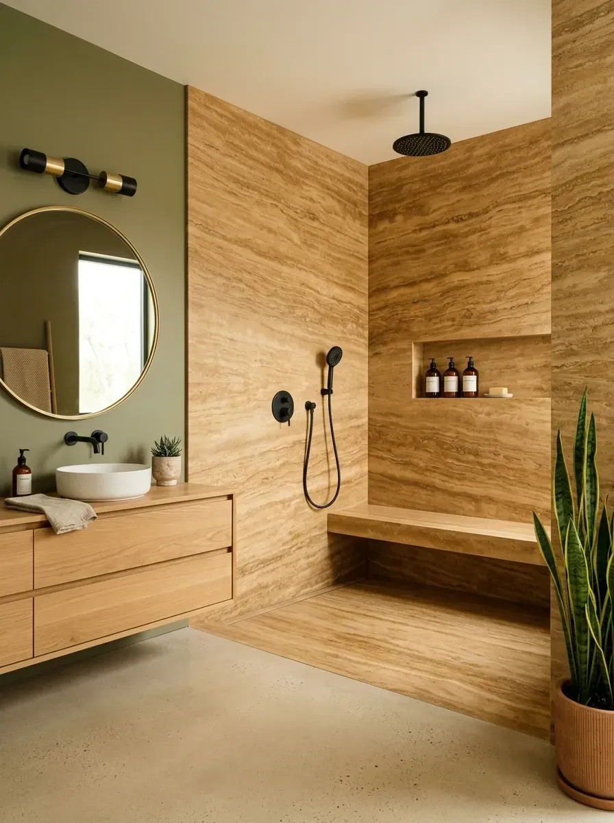 A minimalist shower with large travertine slabs on the walls, a chunky built-in oak bench, floating oak vanity, matte black fixtures, polished concrete floor, and olive green accent wall
