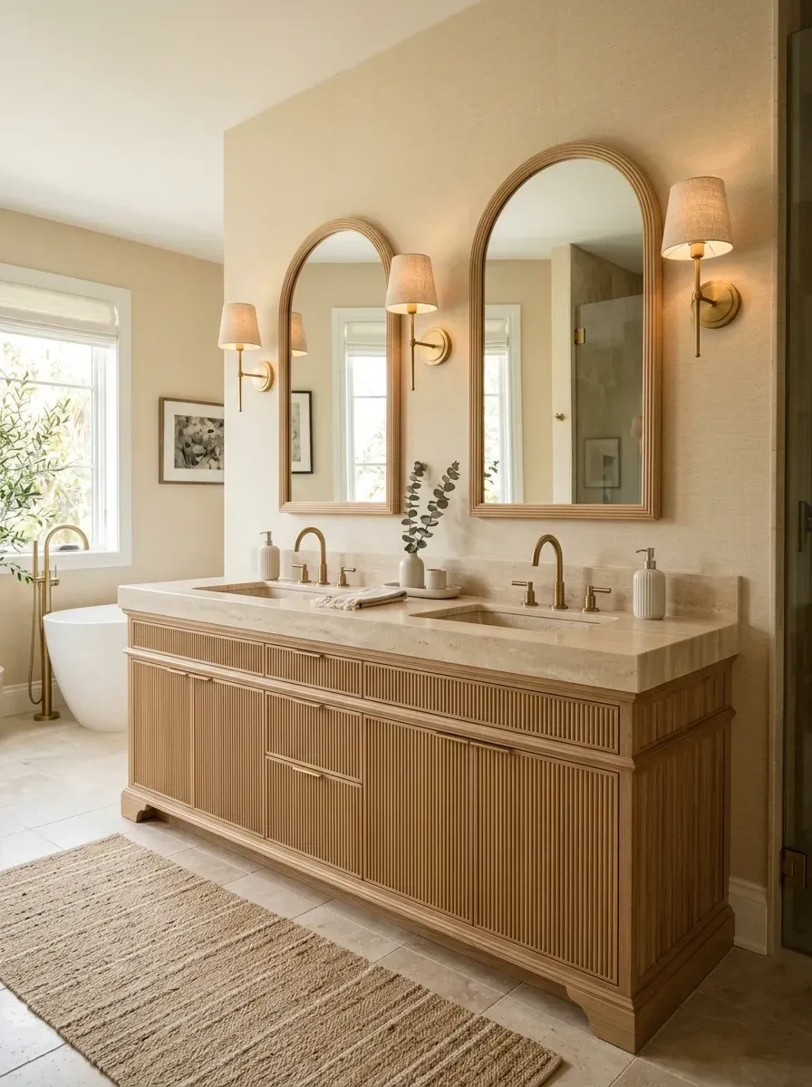 A double vanity with fluted oak cabinetry, thick travertine countertop, two arched wood-framed mirrors, brass widespread faucets, and textured beige wallpaper