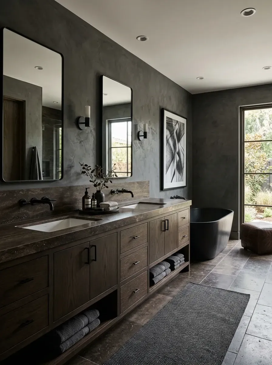 A moody bathroom with charcoal grey plaster walls, long dark wood vanity with dark stone countertop, black freestanding tub, matte black fixtures, and dark slate floor