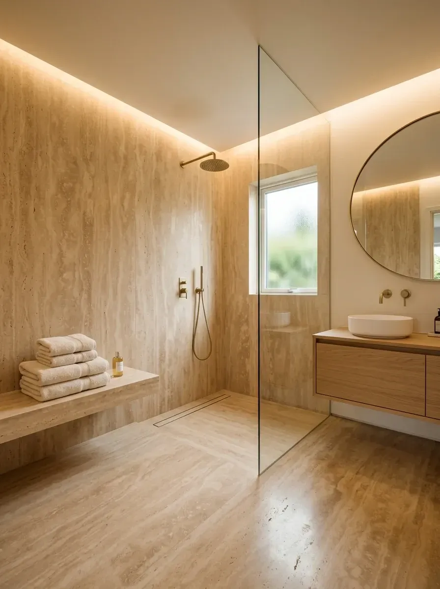 A monolithic travertine bathroom with floor-to-ceiling honed travertine walls, frameless glass shower panel, floating light oak vanity, brass wall-mount fixtures, and LED cove lighting