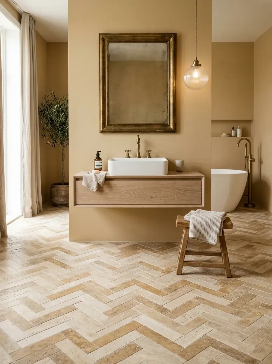 A warm bathroom with mustard yellow walls, herringbone travertine floor pattern, floating wood vanity, freestanding white tub, antique brass ornate mirror, and brass fixtures