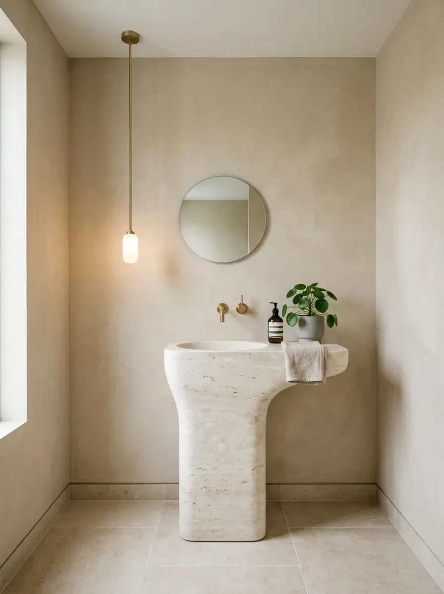 A minimalist powder room featuring a custom sculptural travertine pedestal sink carved from a single block, beige limewash walls, brass pendant light, round mirror, and brass wall-mount faucet