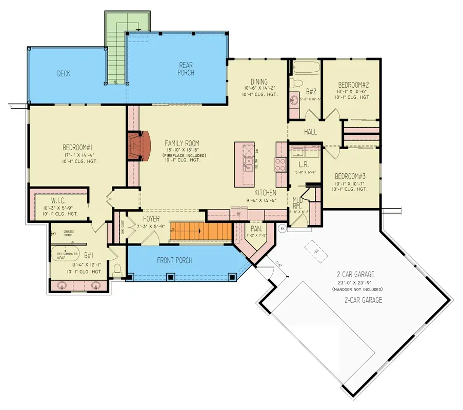Main level floor plan of Plan 25946GE showing the single-story 74 foot 8 inch by 68 foot 3 inch footprint with an angled two-car garage, mudroom with laundry, walk-in pantry, open family room dining and kitchen with island under clerestory windows, a master suite with separate tub and shower on one side and two secondary bedrooms sharing a hall bath on the other, plus a central staircase to the optional basement