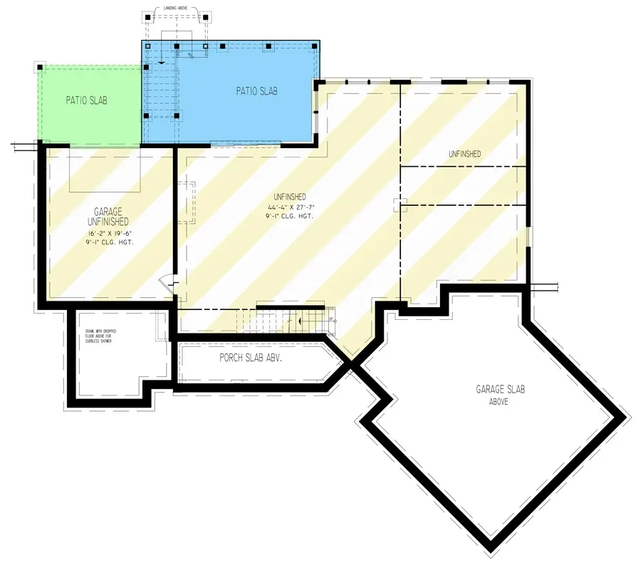 Optionally finished basement floor plan of Plan 25946GE showing the full lower level reached by the central staircase, offering expansion potential for additional bedrooms, a recreation room or media space, and access toward a future rear basement patio