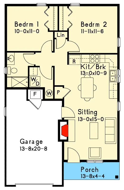 Plan 22103SL main level floor plan — 863-square-foot cottage with sitting room, kitchen-breakfast area, two bedrooms, one bath, and attached one-car garage on a 28-foot by 44-foot-8-inch slab.