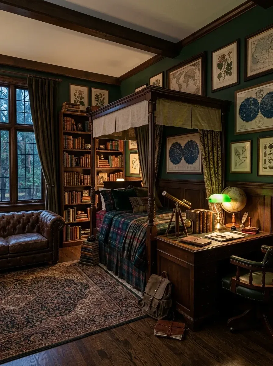 Teen bedroom in moody dark academia style with deep emerald green painted walls and trim, four-poster dark walnut canopy bed, floor-to-ceiling built-in bookshelves filled with hardcover books, full-grain aged cognac leather Chesterfield sofa, vintage mahogany desk with antique brass banker's lamp, and gallery wall of botanical and vintage map prints
