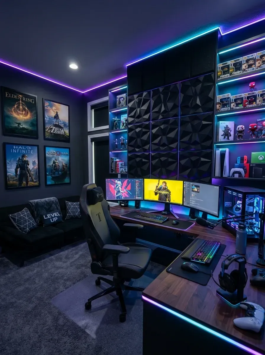 Teen high-tech gamer cave bedroom with dark charcoal grey painted walls, custom matte black 3D geometric acoustic wall panels behind the desk, extensive integrated 2700K and customizable RGB LED strip lighting on ceiling and shelving, rich walnut butcher block triple-monitor gaming desk, ergonomic Secretlab Titan Evo gaming chair, lit floating shelves displaying collectibles, and black futon seating area