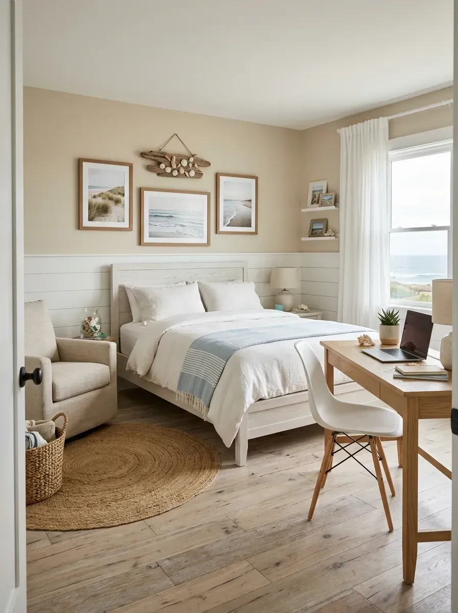 Teen bedroom in breezy coastal minimalist style with crisp white shiplap wainscoting on the lower walls, sandy beige upper walls, light bleached oak wood flooring, simple white wood bed frame with washed Belgian linen bedding, large round natural jute area rug, minimalist oak desk with modern dining-style chair, and driftwood wall art