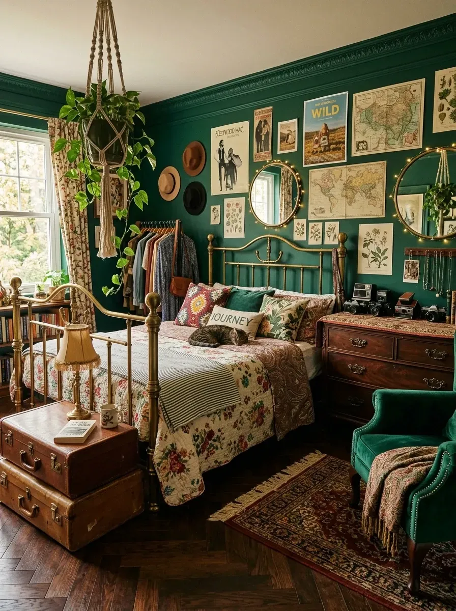 Teen bedroom in eclectic vintage boho maximalist style with deep saturated forest green painted walls, vintage brass canopy bed frame, antique medium-brown wooden dresser, deep teal velvet armchair, extensive curated gallery wall mixing framed prints with mirrors and wall hangings, layered Persian-style vintage rug over jute base, multiple macrame plant hangers, and warm string lights