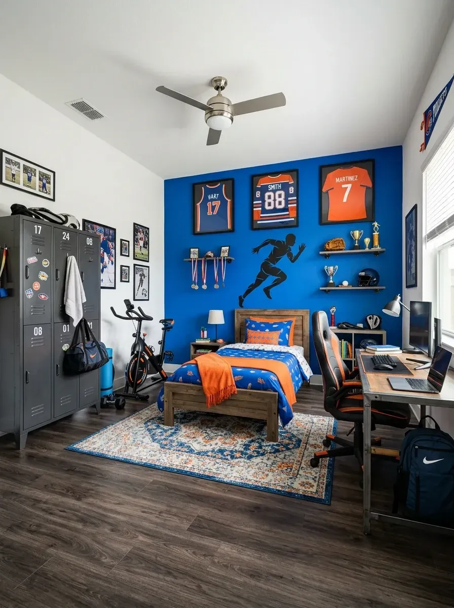 Teen bedroom in modern industrial sports hub style with bold royal blue accent feature wall, professionally framed sports jerseys in shadowboxes, industrial grey metal locker storage cabinet, rustic wood and metal pipe desk, ergonomic gaming chair, floating shelves displaying trophies and collectibles, vinyl wall decal, and patterned area rug