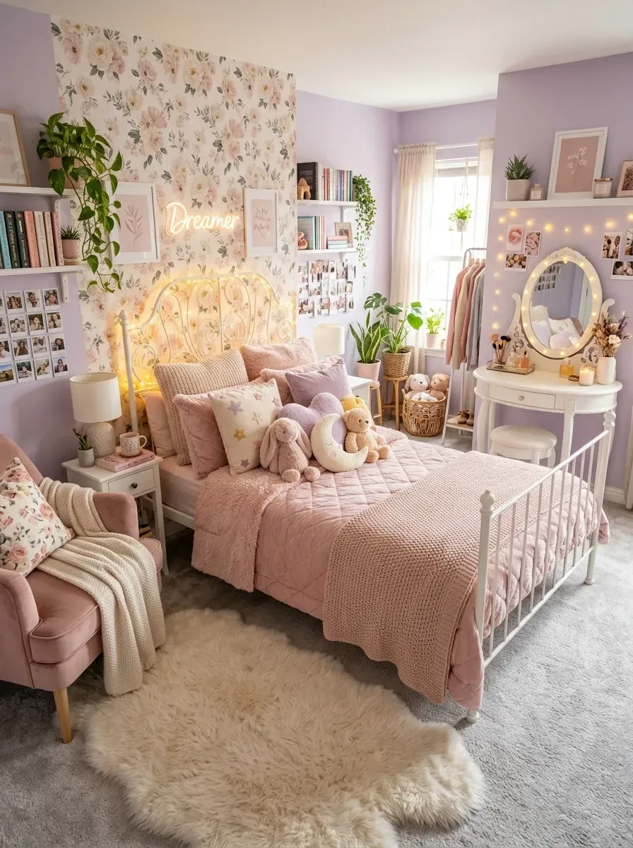 Teen bedroom in dreamy pastel floral sanctuary style with soft pastel lilac painted walls, large-scale floral statement wallpaper feature wall behind bed, vintage-style white powder-coated metal canopy bed, pink velvet armchair, dedicated cream painted vanity table with lighted Hollywood mirror, custom warm-gold neon word sign reading 'Dreamer', plush faux-sheepskin rug, and soft fairy lights