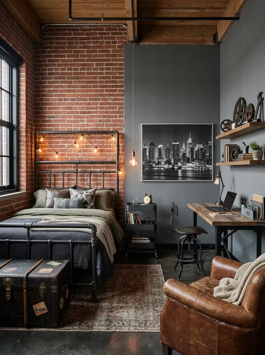 Teen bedroom in urban industrial loft style with terracotta brick-red exposed brick or 3D faux brick feature wall, dark charcoal grey concrete-look painted walls, matte black industrial pipe bed frame, vintage aged cognac leather club armchair, rolling metal utility cart, industrial wood and pipe shelving units, wood and metal desk, and warm-toned Edison bulb pendant light