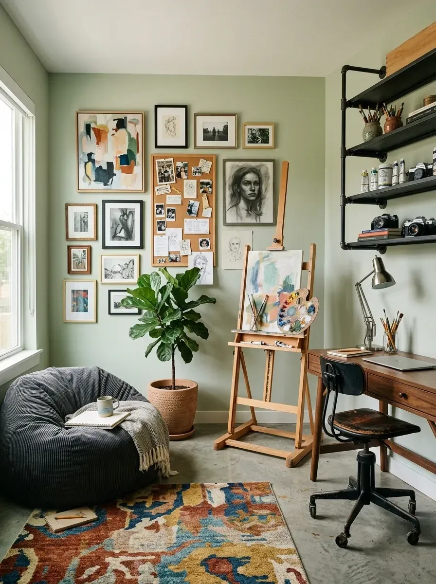 Teen bedroom and art studio with calming soft sage green painted walls, floor-to-ceiling mixed gallery wall of framed art clipboards and corkboards, large dark charcoal corduroy bean bag chair, functional natural wood artist easel, industrial pipe wall shelves displaying art supplies, vintage walnut wooden desk with industrial chair, abstract patterned ochre and rust area rug, and large fiddle leaf fig plant