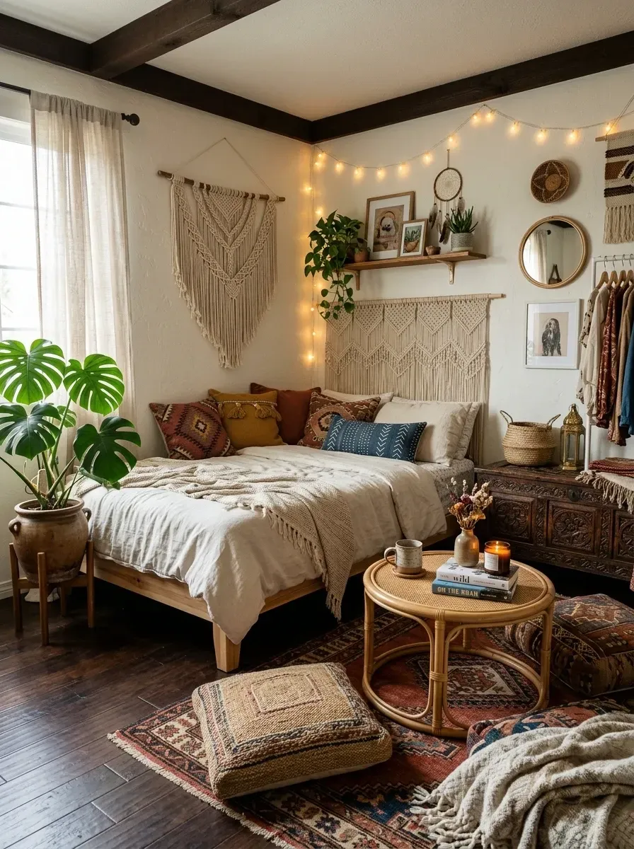 Teen bedroom in earthy boho desert retreat style with creamy off-white painted walls, dramatic dark chocolate wood trim and exposed faux ceiling beams, large intricate macrame natural cotton wall hanging used as headboard, rattan side table, simple wood platform bed, abundant houseplants in clay pots, layered Persian-style rug over jute base, carved wooden storage chest, and warm string lights