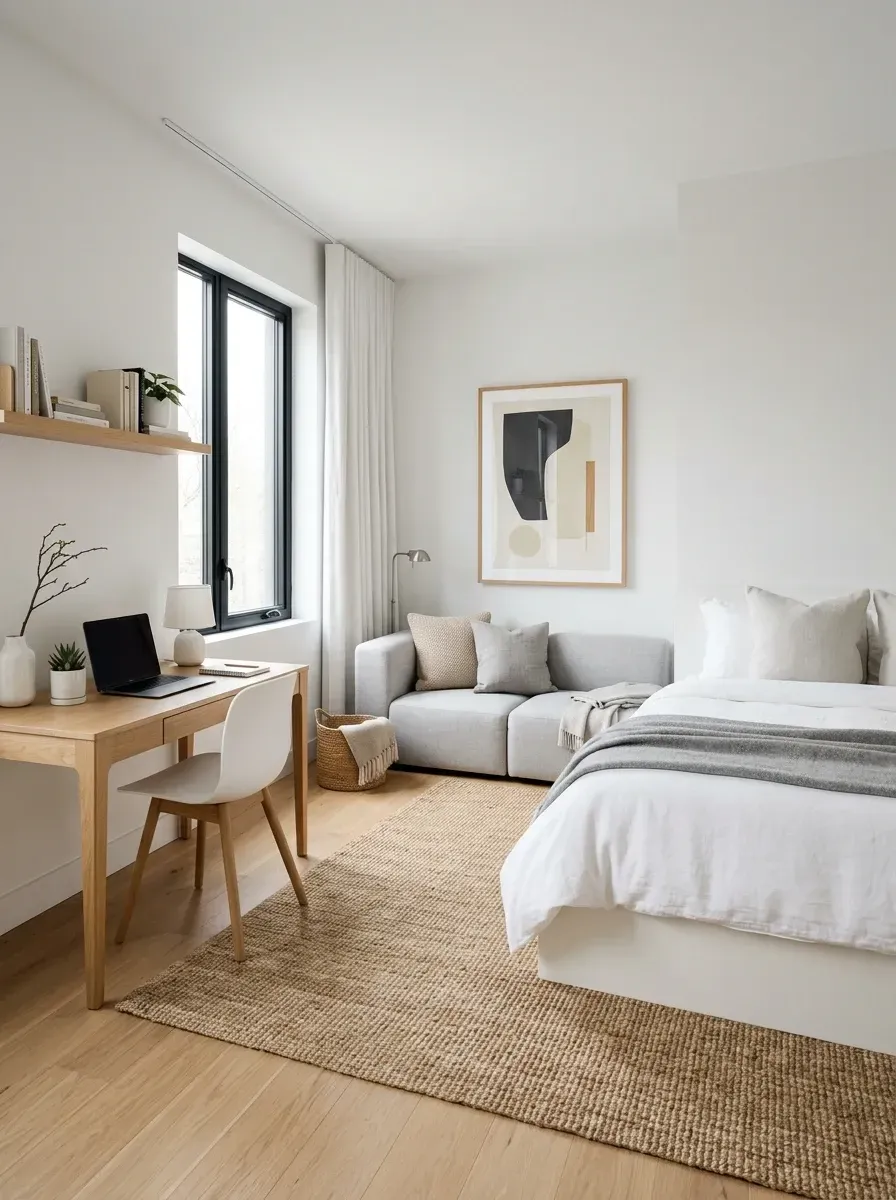 Teen bedroom in Scandi minimalist sanctuary style with stark crisp white painted walls, light natural oak hardwood flooring and matching slim oak desk, minimalist platform bed with high-quality white Belgian linen bedding and grey wool throw, modular soft dove grey loveseat, large single piece of framed abstract art, large jute area rug, black-framed windows, and floating shelves with a few curated decor objects