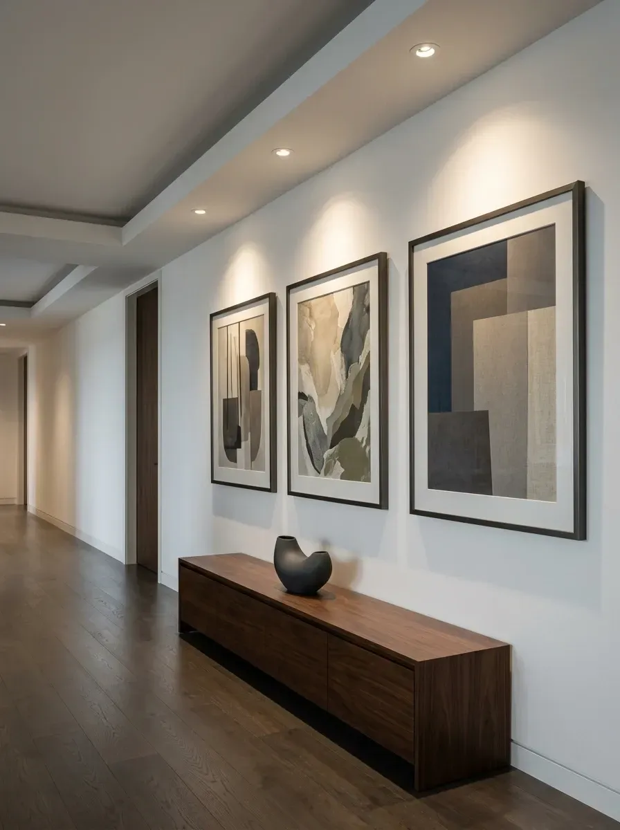 Quiet luxury hallway gallery with three identical large-scale framed abstract prints, dark walnut wide-plank flooring, low-profile walnut media console, dark ceramic vase, and directional recessed gimbal ceiling lights casting pools of light on the artwork