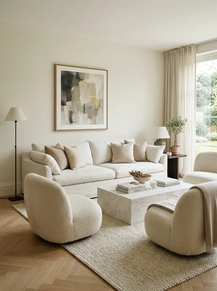 Monochromatic cream living room with Belgian linen slipcovered sofa, two boucle swivel accent chairs, solid Carrara marble plinth coffee table, herringbone natural oak flooring, large jute and wool rug, full-length linen drapery, and a single olive tree