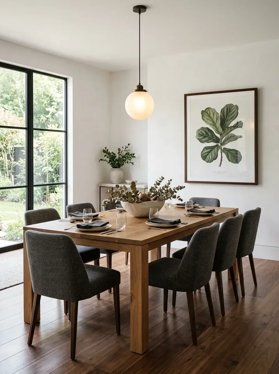 Quiet luxury dining room with solid medium-oak farmhouse table seating eight, charcoal upholstered dining chairs, oversized framed botanical print on white walls, black steel-frame casement windows, matte black globe pendant light, and centerpiece bowl with branches