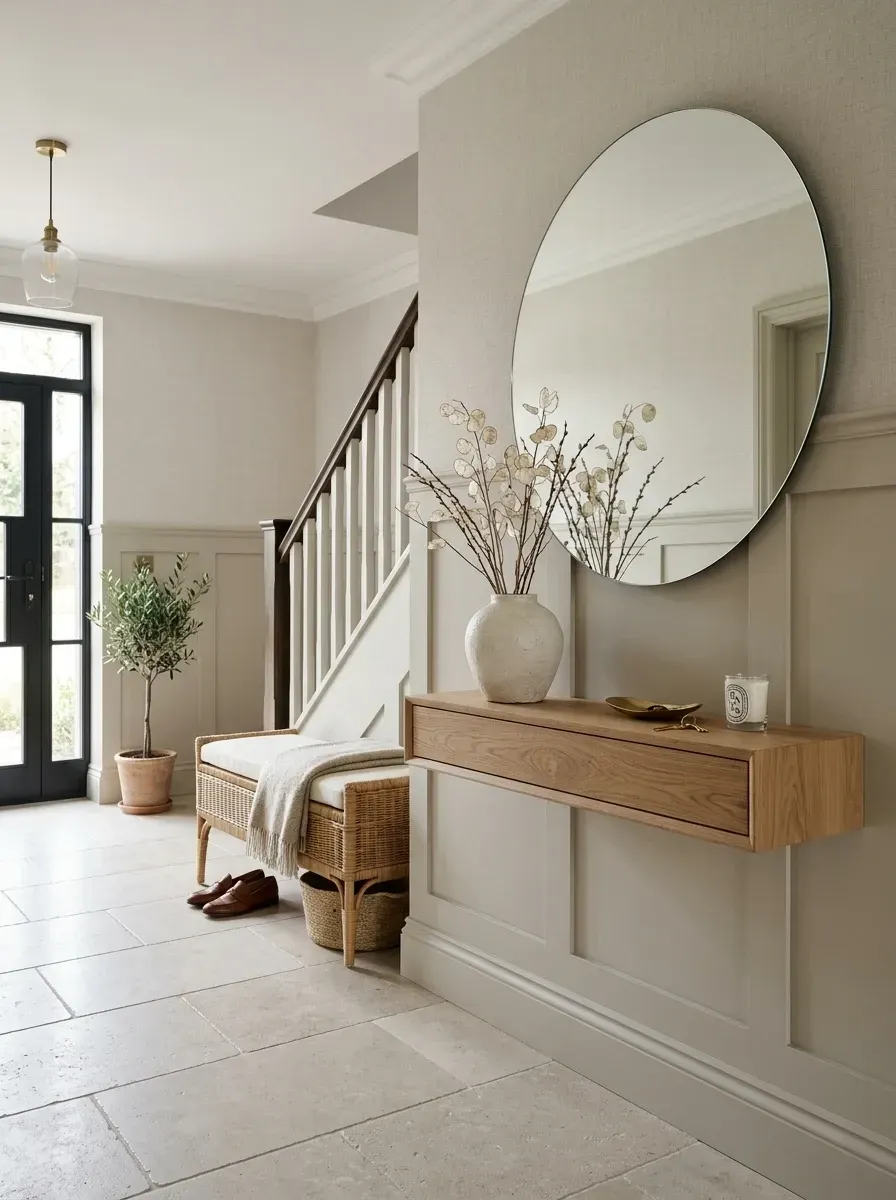 Architectural quiet luxury entryway with greige-painted wainscoting on the lower wall, soft cream upper walls, floating natural oak console shelf, large round mirror in dark frame, woven rattan storage bench, and large-format warm limestone tile flooring